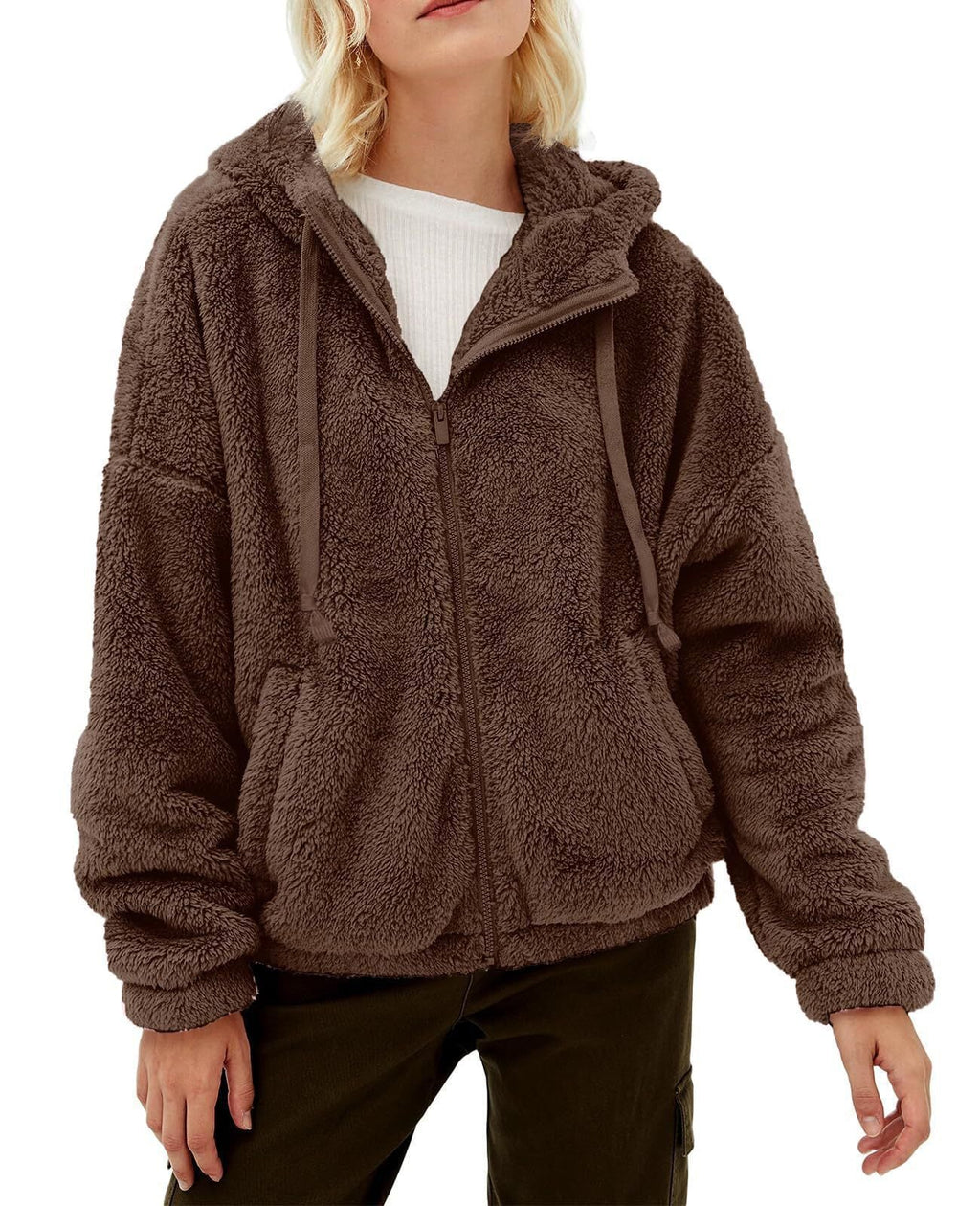 Damen flauschige Kapuzenjacke mit praktischen Taschen und Reißverschluss, Größe