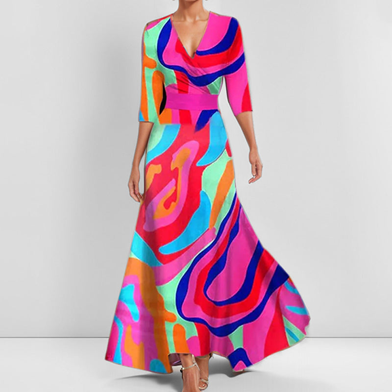 Valenzora | Elegantes V-Ausschnitt-Kleid mit Druck und Schößchen