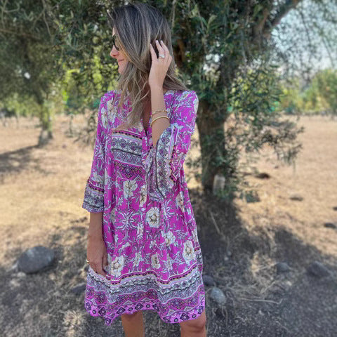 Women's Boho Chic Dress with Floral Patterns and Button Placket Drune