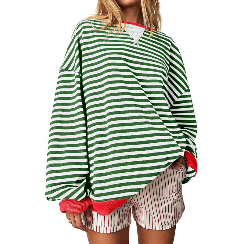 Women's Comfortable Striped Sweater with Raglan Sleeves and Elastic Cuffs Size