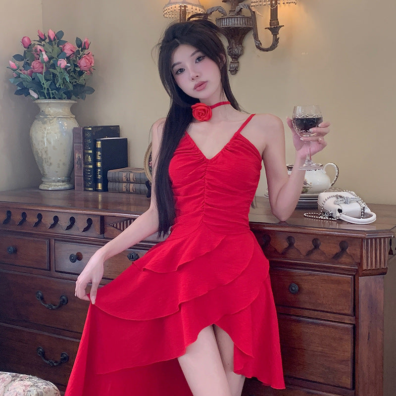Damen asymmetrisches Sommerkleid mit Rüschendetails Drune
