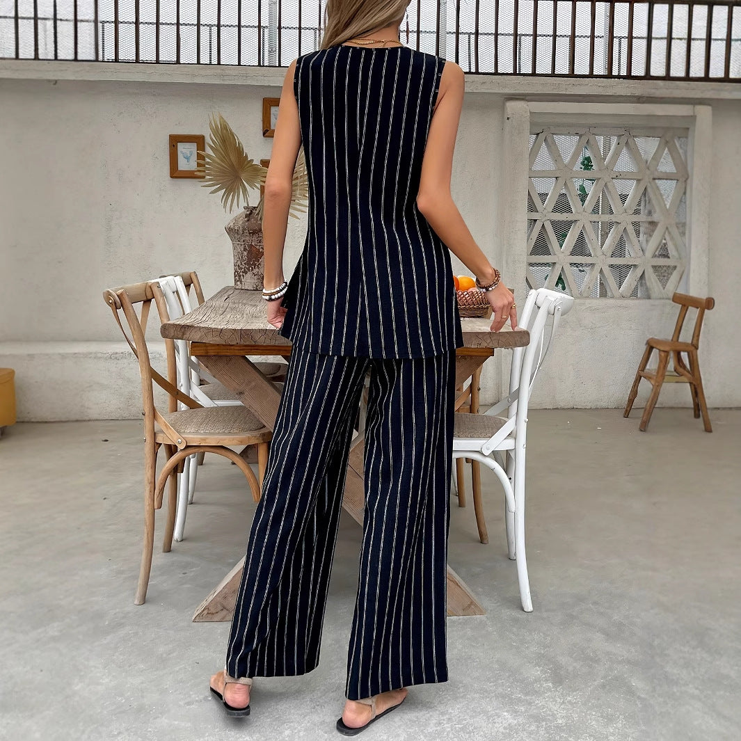 Women's striped two-piece set with a loose fit and high-quality fabric, size [size missing]