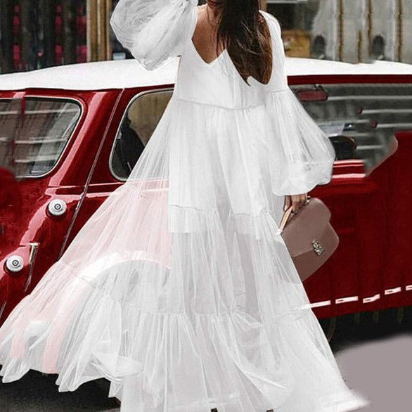 Valenzora | Puff Sleeve Tulle Sheer Long Skirt Dress