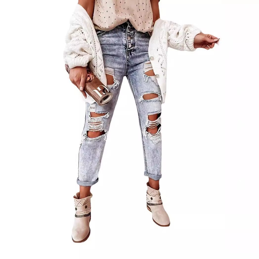 Women's Destroyed Boyfriend Jeans in a casual vintage style with a high waist, size [size missing]