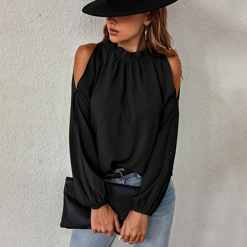 Women's chic top with off-the-shoulder panels and elegant ruffle details, size [size]