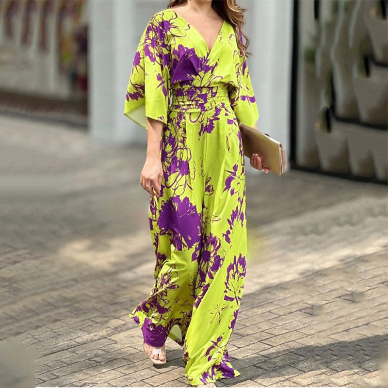 Women's jumpsuit with floral design and voluminous sleeves, size
