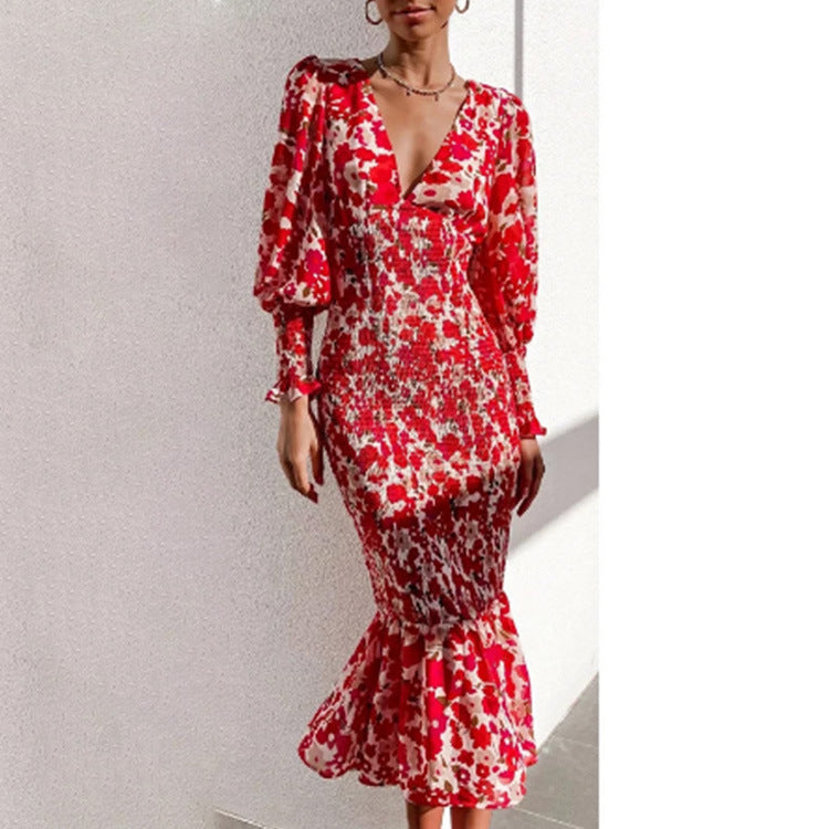 Damenkleid mit Blumenmuster und voluminösen Ärmeln, Größe [size missing]
