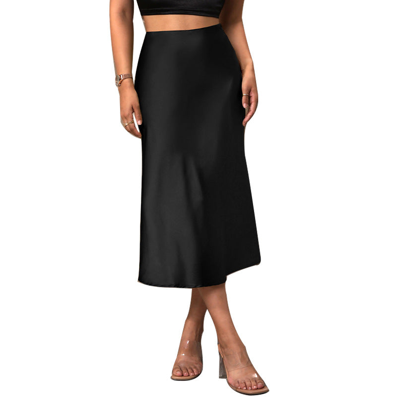 Women's satin midi skirt with a flowing cut and elastic waistband, size [size]