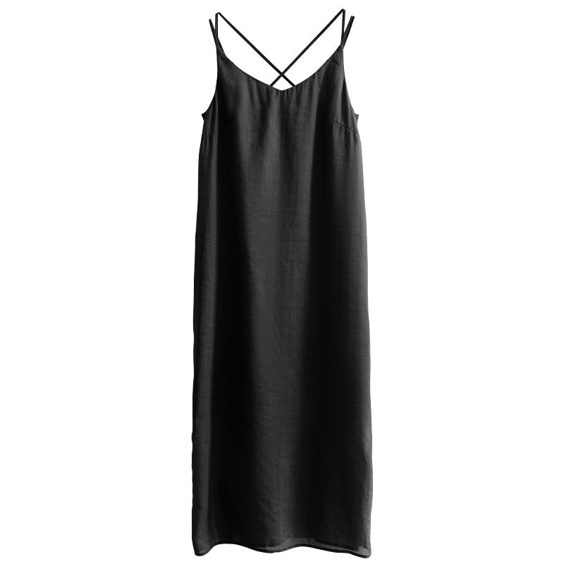 Women's elegant linen dress with adjustable spaghetti straps and flowing cut, size S