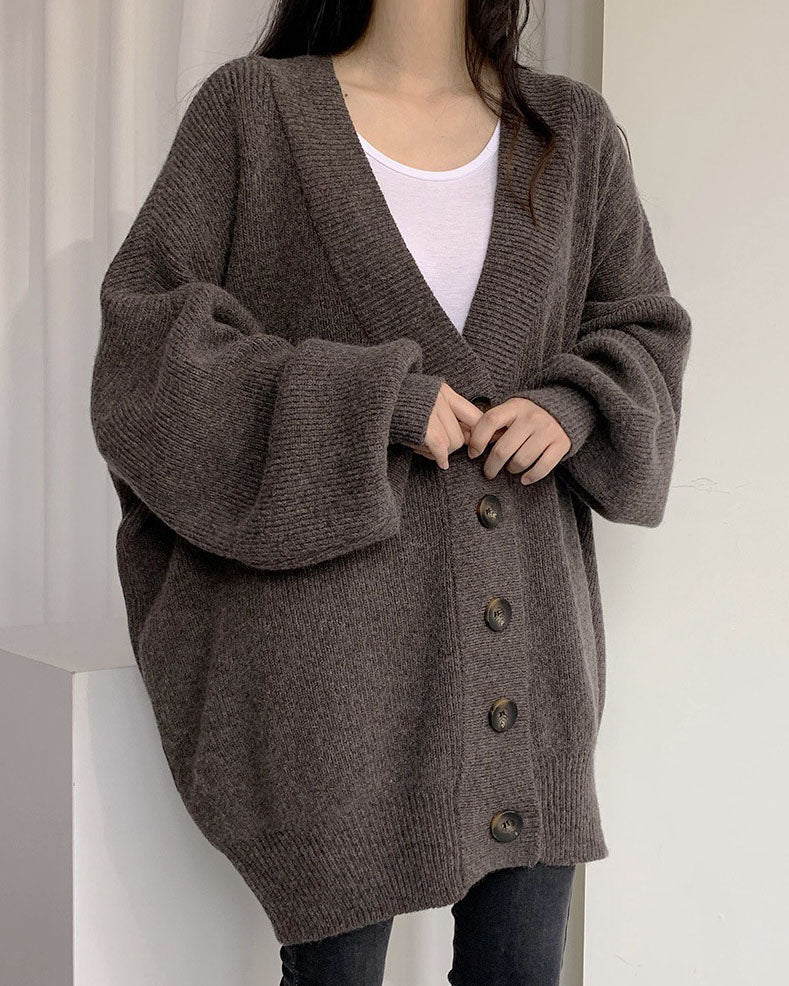 Valenzora V-neck single-breasted loose lantern sleeve knit cardigan