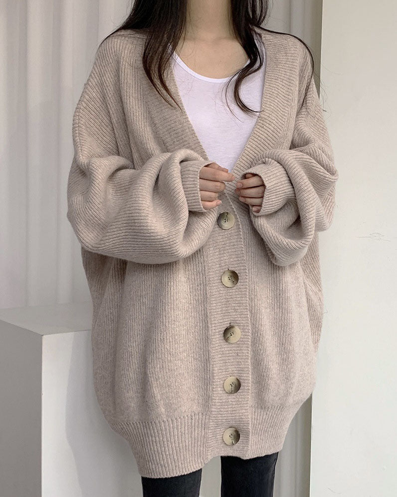 Valenzora V-neck single-breasted loose lantern sleeve knit cardigan