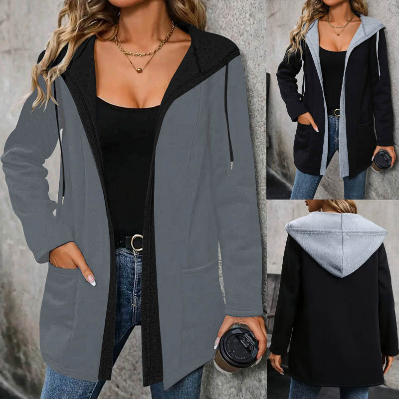 Women's casual long-sleeved jacket with hood and practical pockets, size