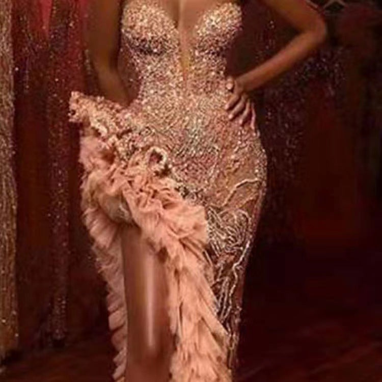 Valenzora | Gold silhouette temperament pendulum sequin dress