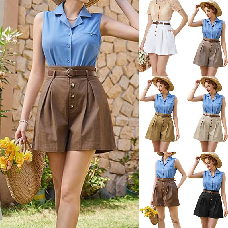Women's pleated cargo shorts with high waist and decorative belt, size S
