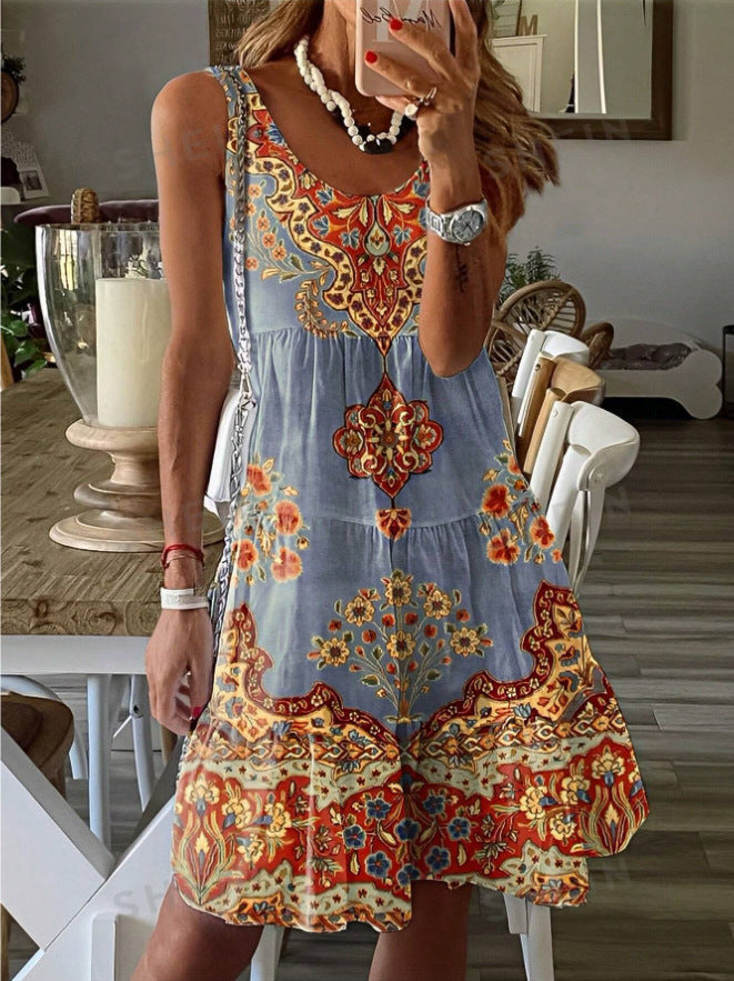 Damen Sommer Tunikakleid mit Blumenmuster und fließendem Rock, Größe S