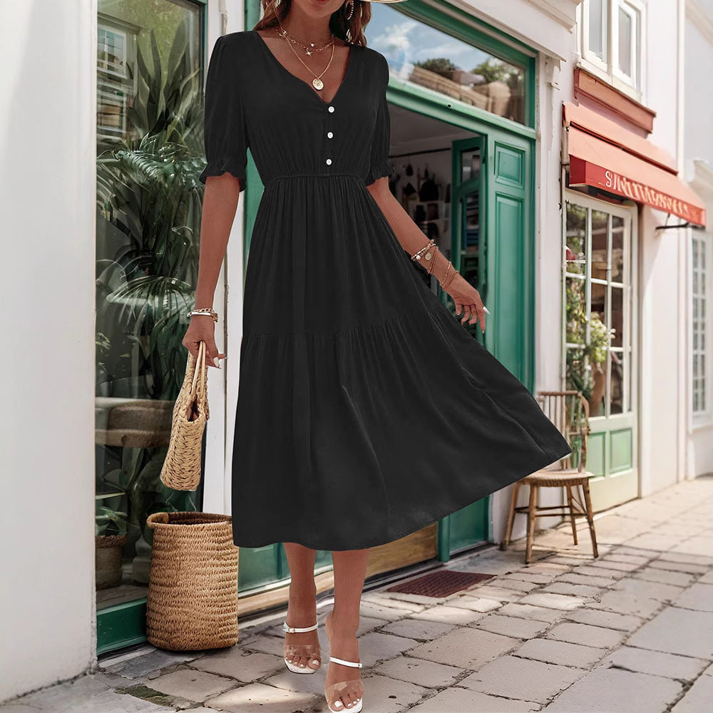 Damen-Midikleid mit geknöpftem V-Ausschnitt und luftigen Puffärmeln, Größe