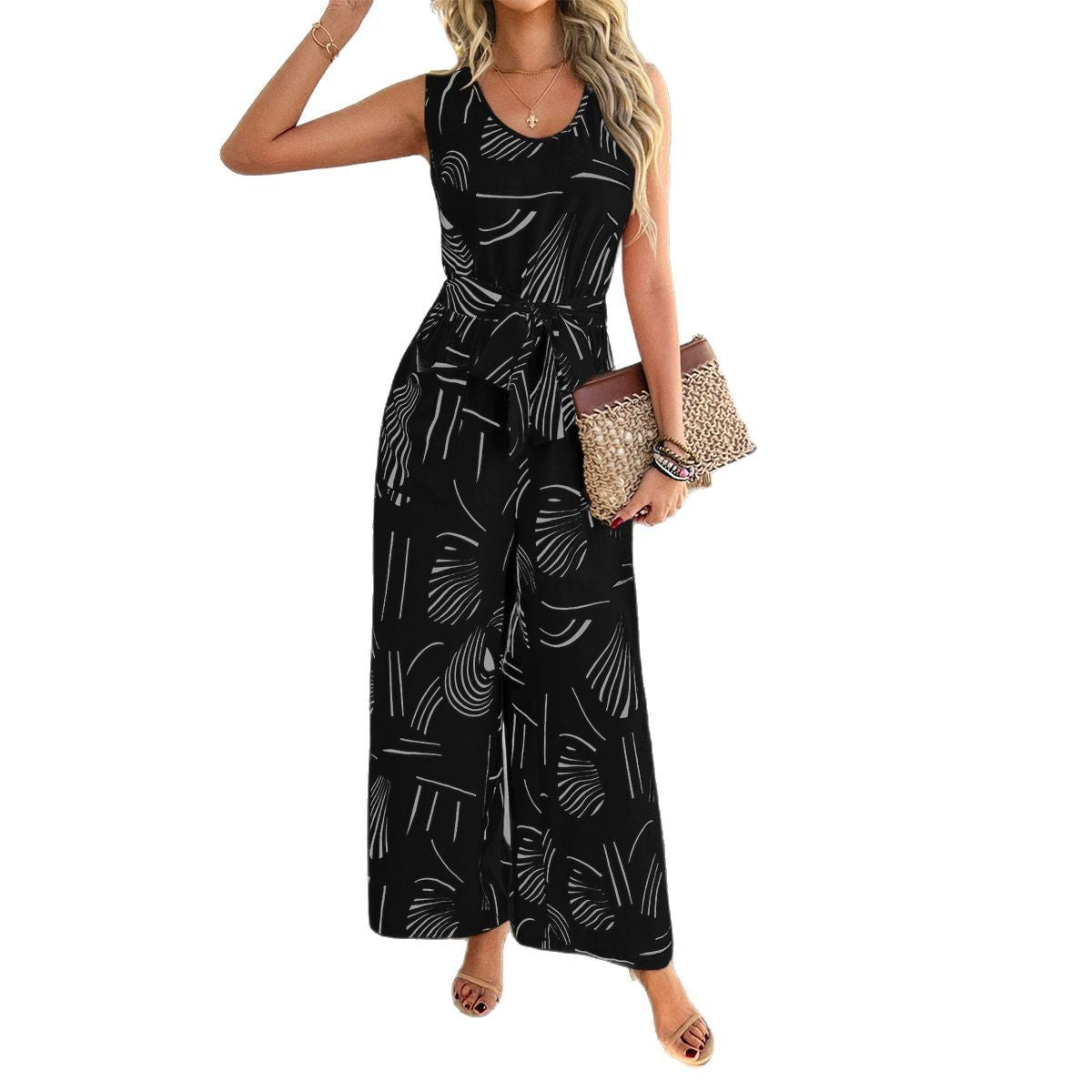 Eleganter Damen-Overall mit weitem Bein und verstellbarem Gürtel, Größe
