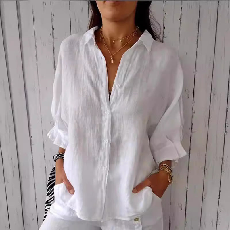 Women's casual linen blouse with button placket and side pockets, size