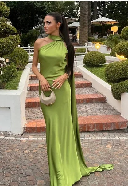 Women's elegant evening dress with a one-sided cape and sophisticated draping, size Valenzora