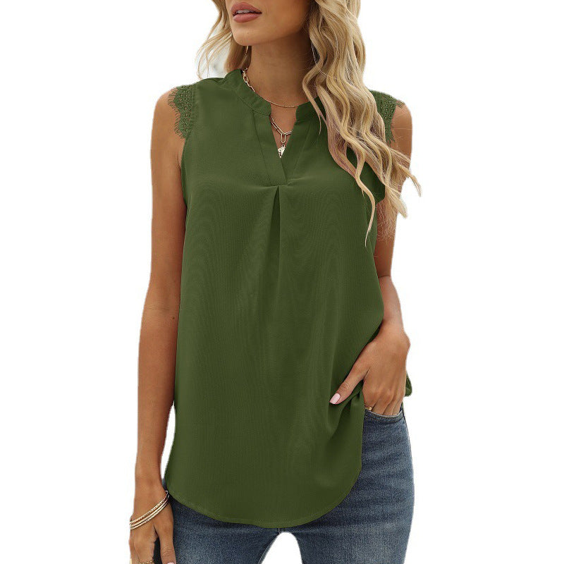 Women's sleeveless blouse with elegant lace insert and fashionable pleats, size