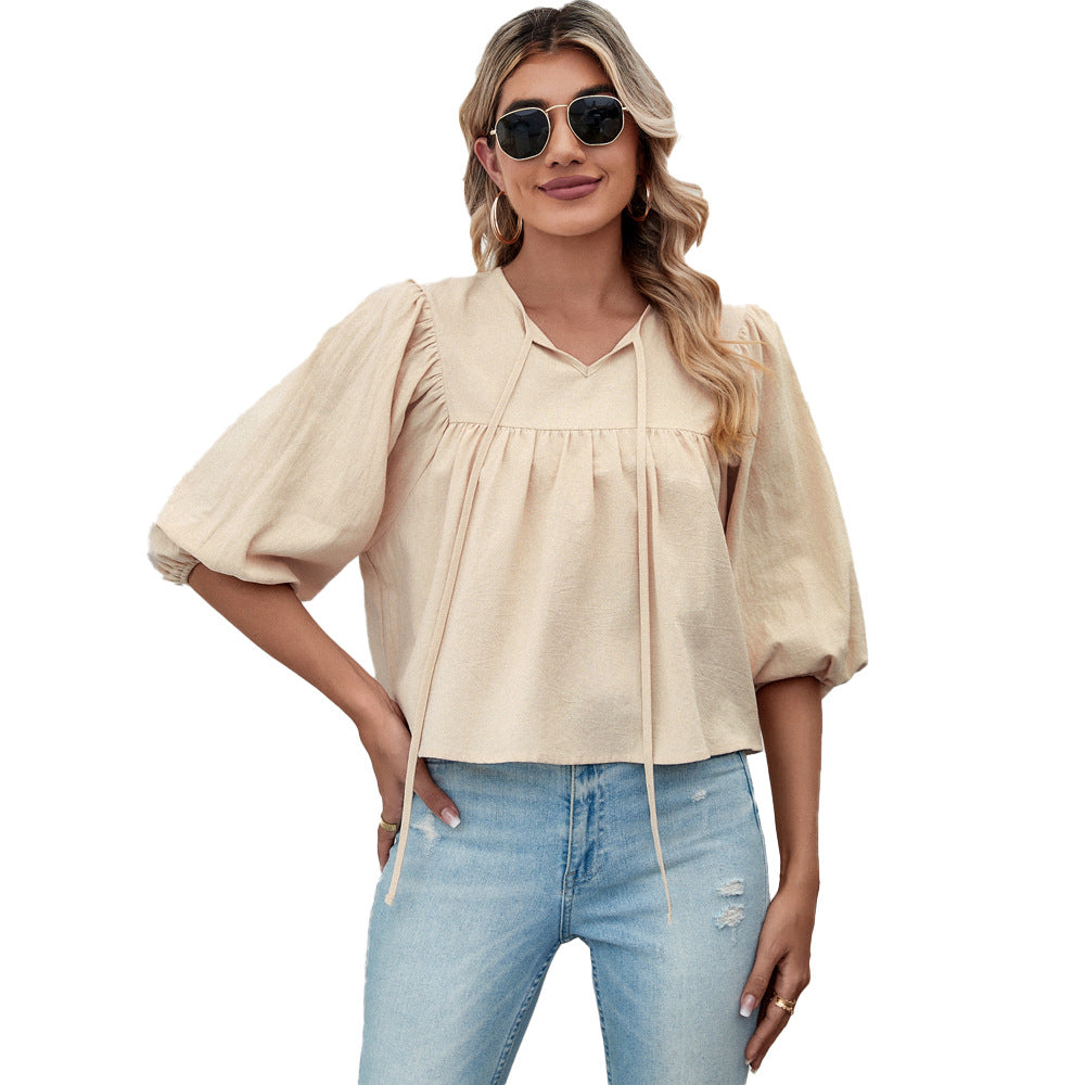 Women's blouse shirt with elegant puff sleeves and chic drawstring, size
