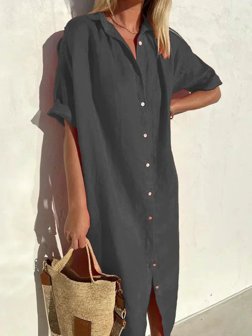 Valenzora | Button-up dress with wide neckline and narrow sleeves, elegant and relaxed, for women, cotton and linen dresses