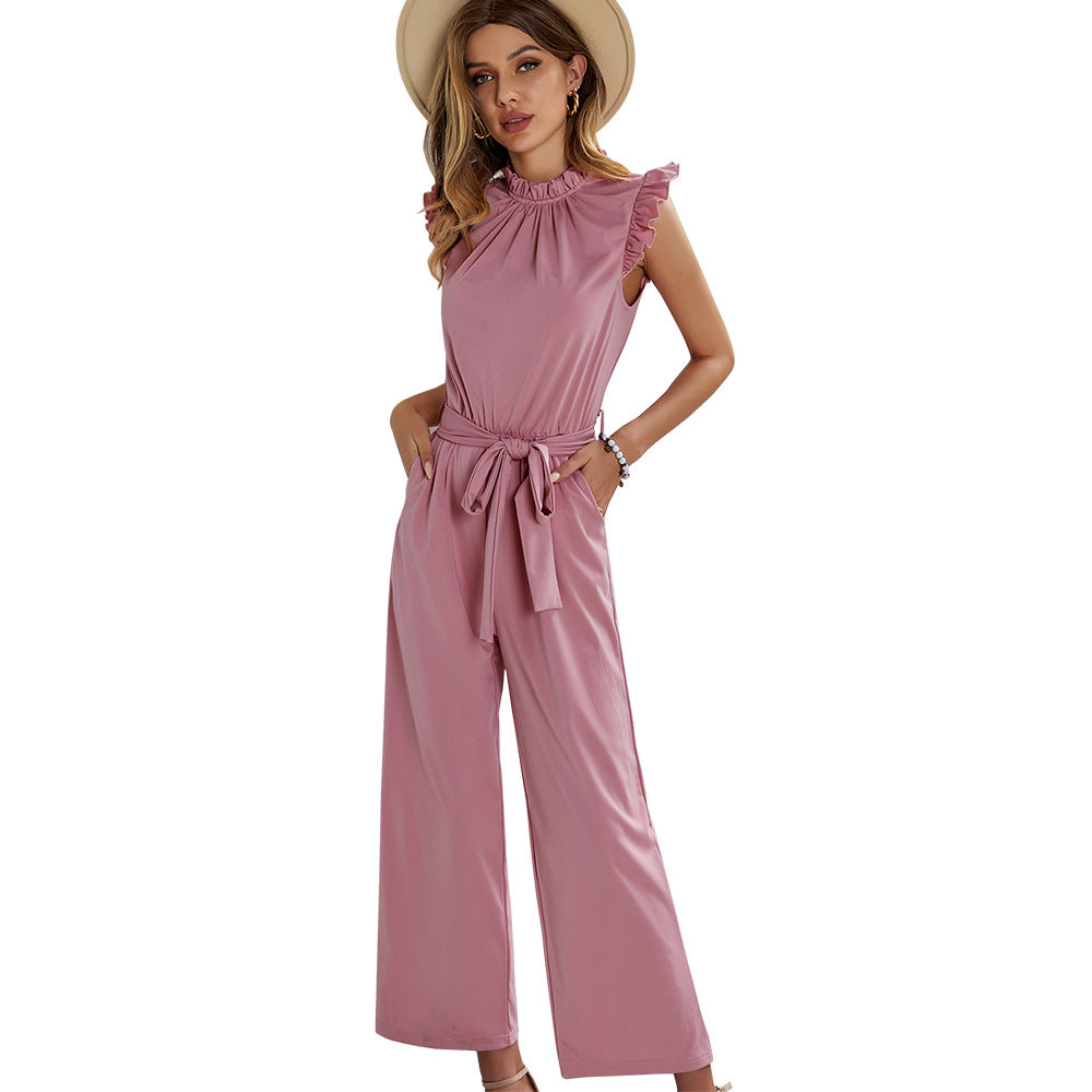 Women's elegant jumpsuit with ruffle details and adjustable belt, size S