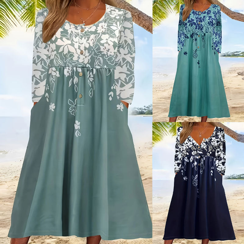 Damen fließendes Midikleid mit Blumenmuster und praktischen Taschen, Größe [size]