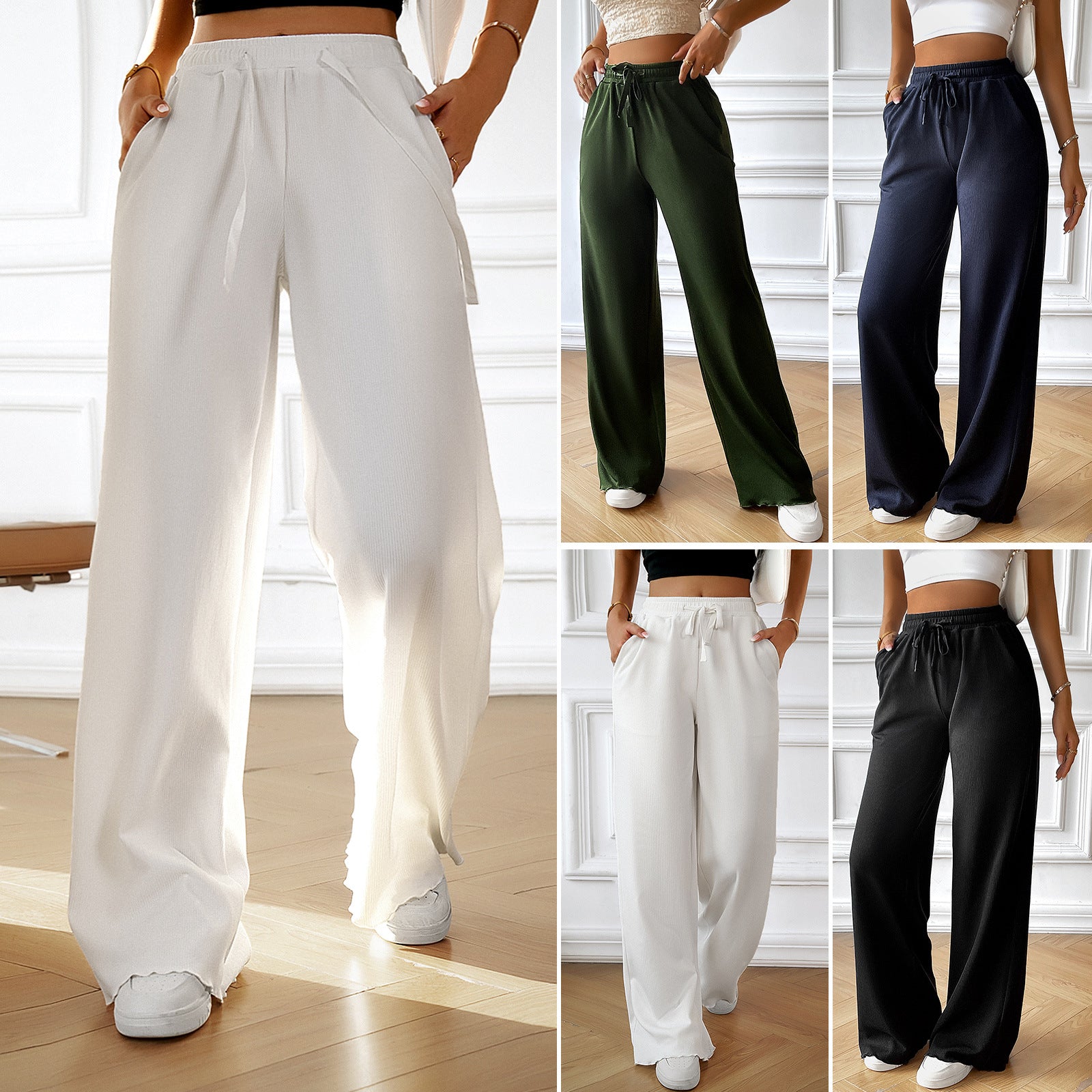 Women's wide-legged summer trousers with elasticated waistband and side pockets, size
