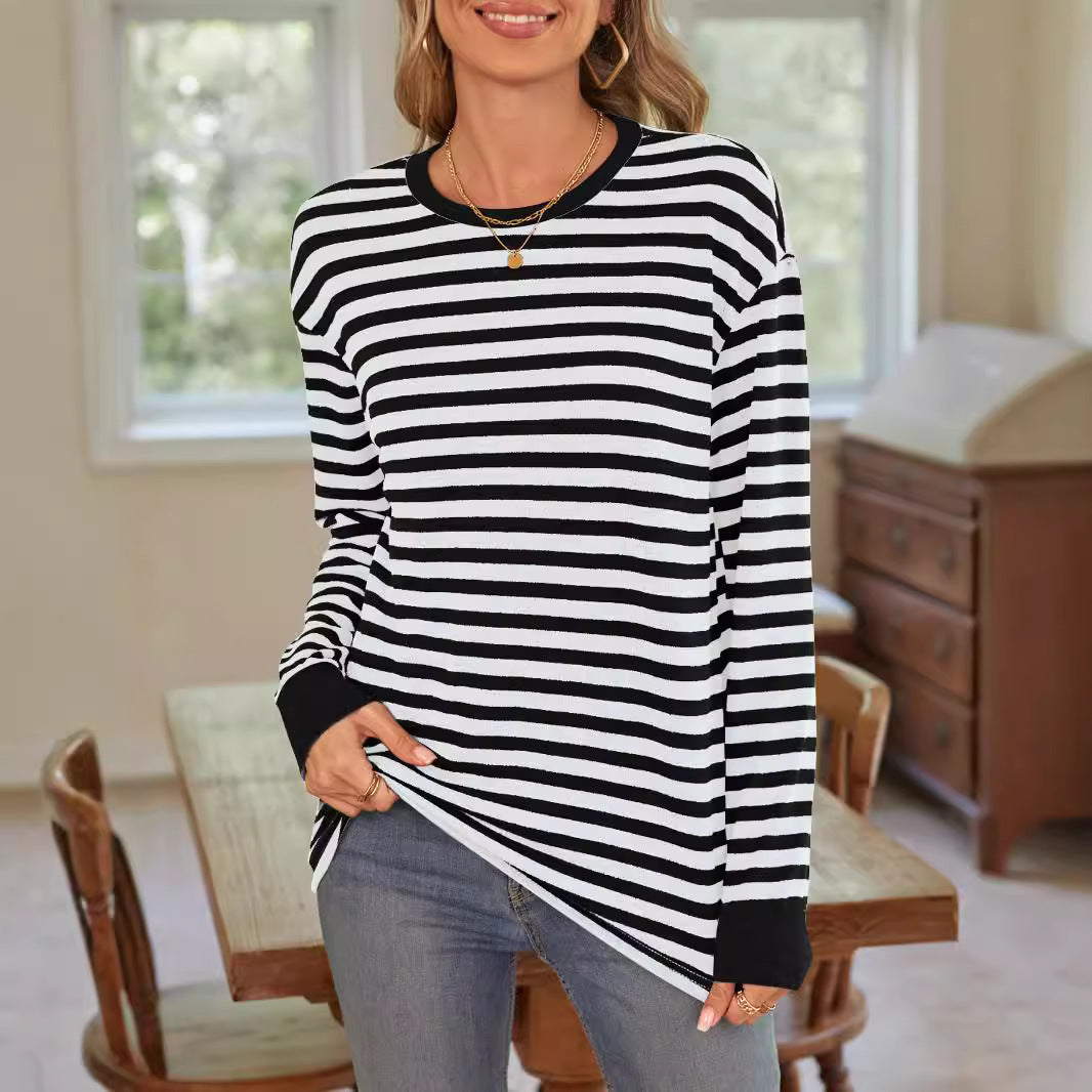 Bequemes Damen-Langarmshirt im Streifen-Design mit Rundhalsausschnitt, Größe