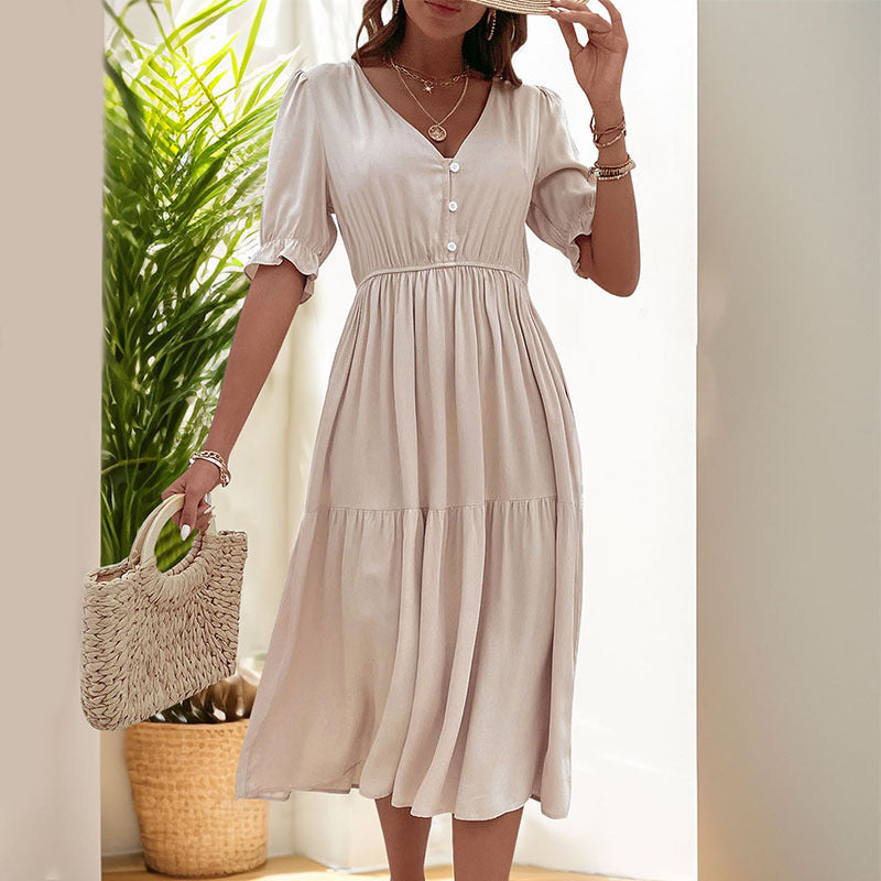 Damen-Midikleid mit geknöpftem V-Ausschnitt und luftigen Puffärmeln, Größe