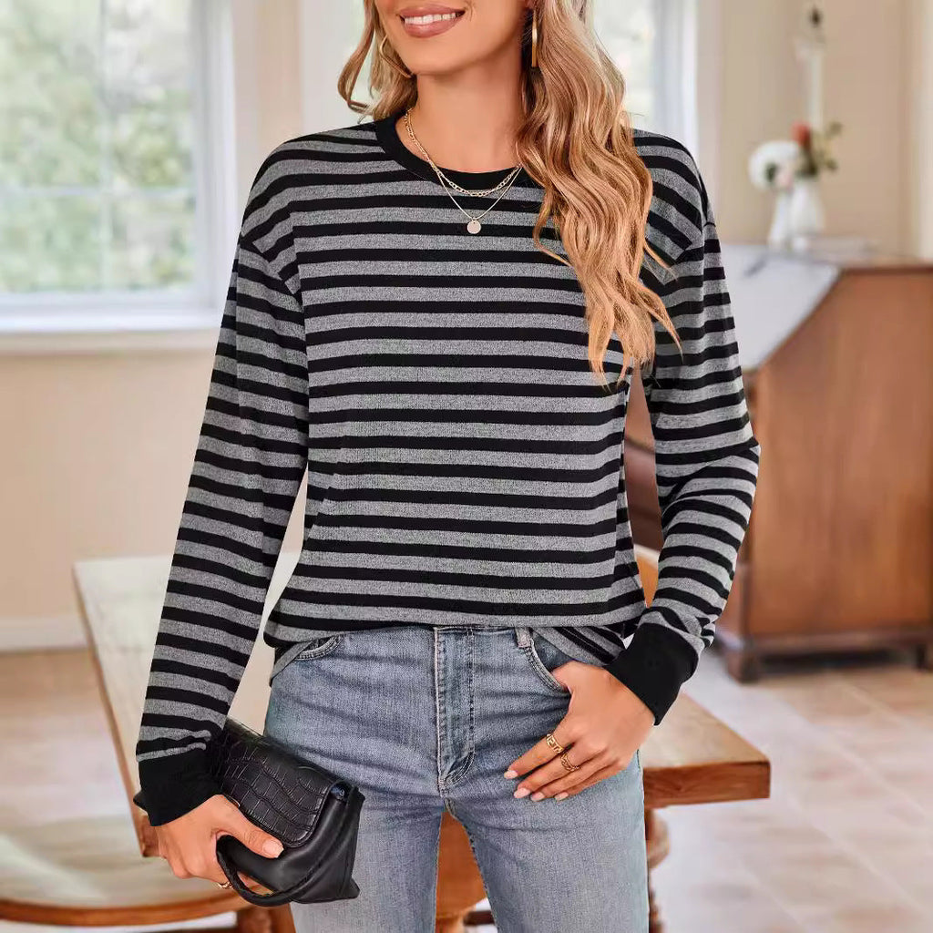 Bequemes Damen-Langarmshirt im Streifen-Design mit Rundhalsausschnitt, Größe
