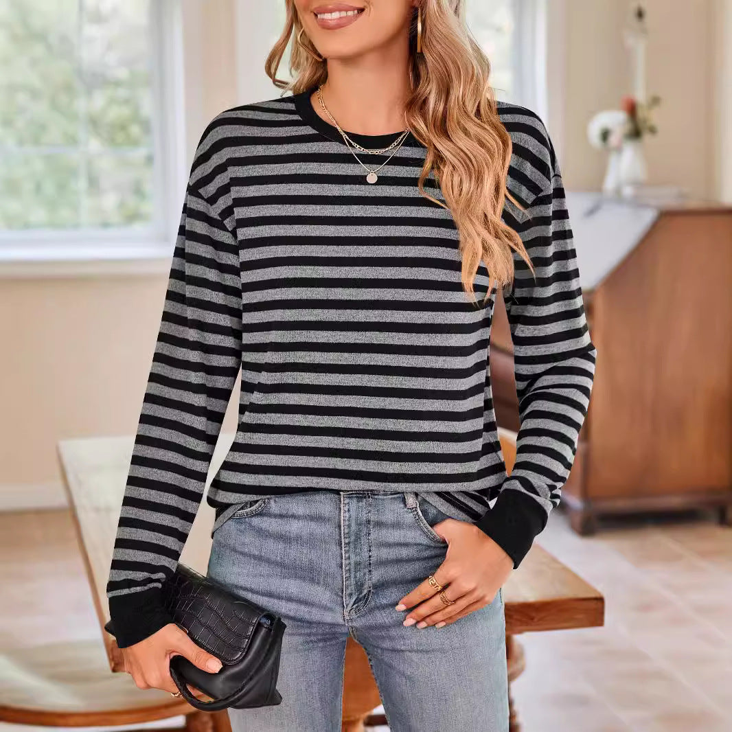 Bequemes Damen-Langarmshirt im Streifen-Design mit Rundhalsausschnitt, Größe
