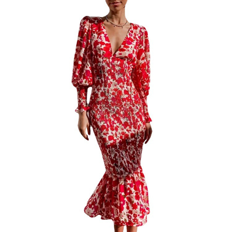 Damenkleid mit Blumenmuster und voluminösen Ärmeln, Größe [size missing]