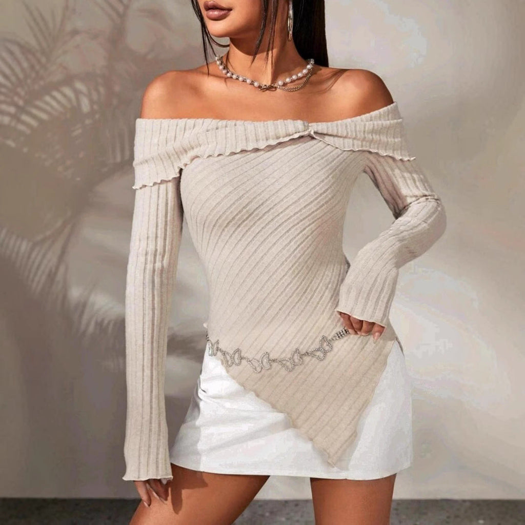 Women's off-the-shoulder ribbed knit top with asymmetrical hem and decorative details, size Valenzora
