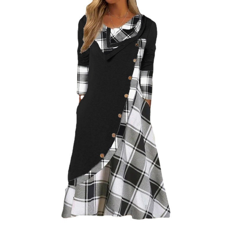 Valenzora | Langärmliges Kleid mit Stehkragen, Karomuster, durchgehender Knopfleiste und Taschen
