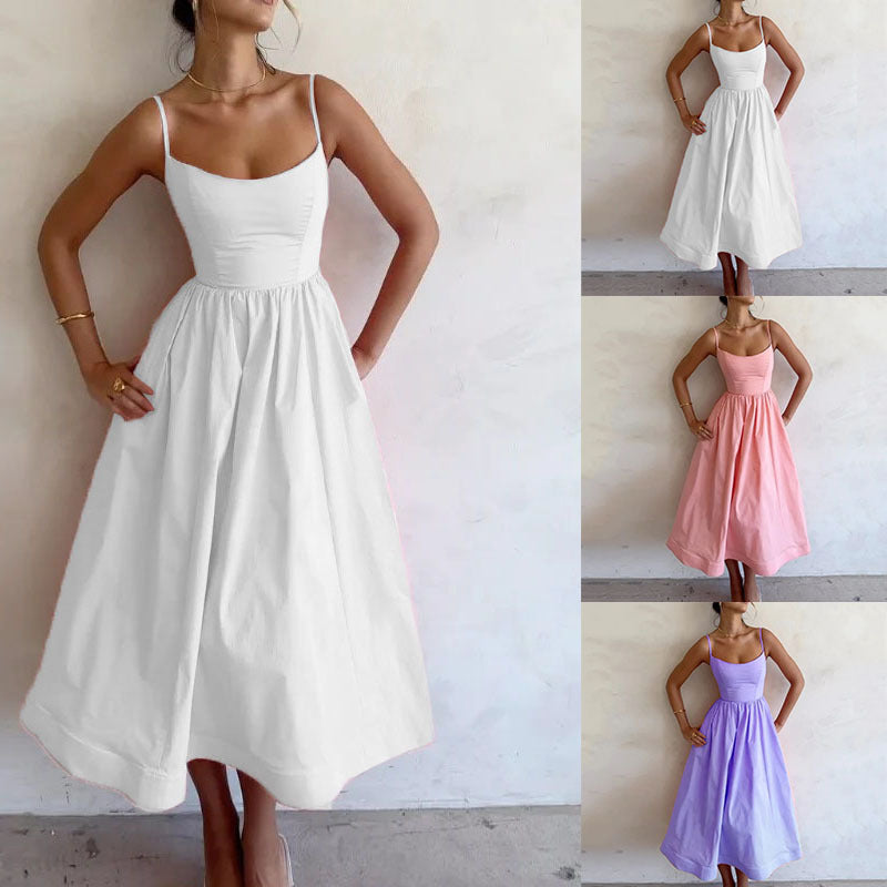 Women's midi dress with fitted bodice and flowing skirt, size