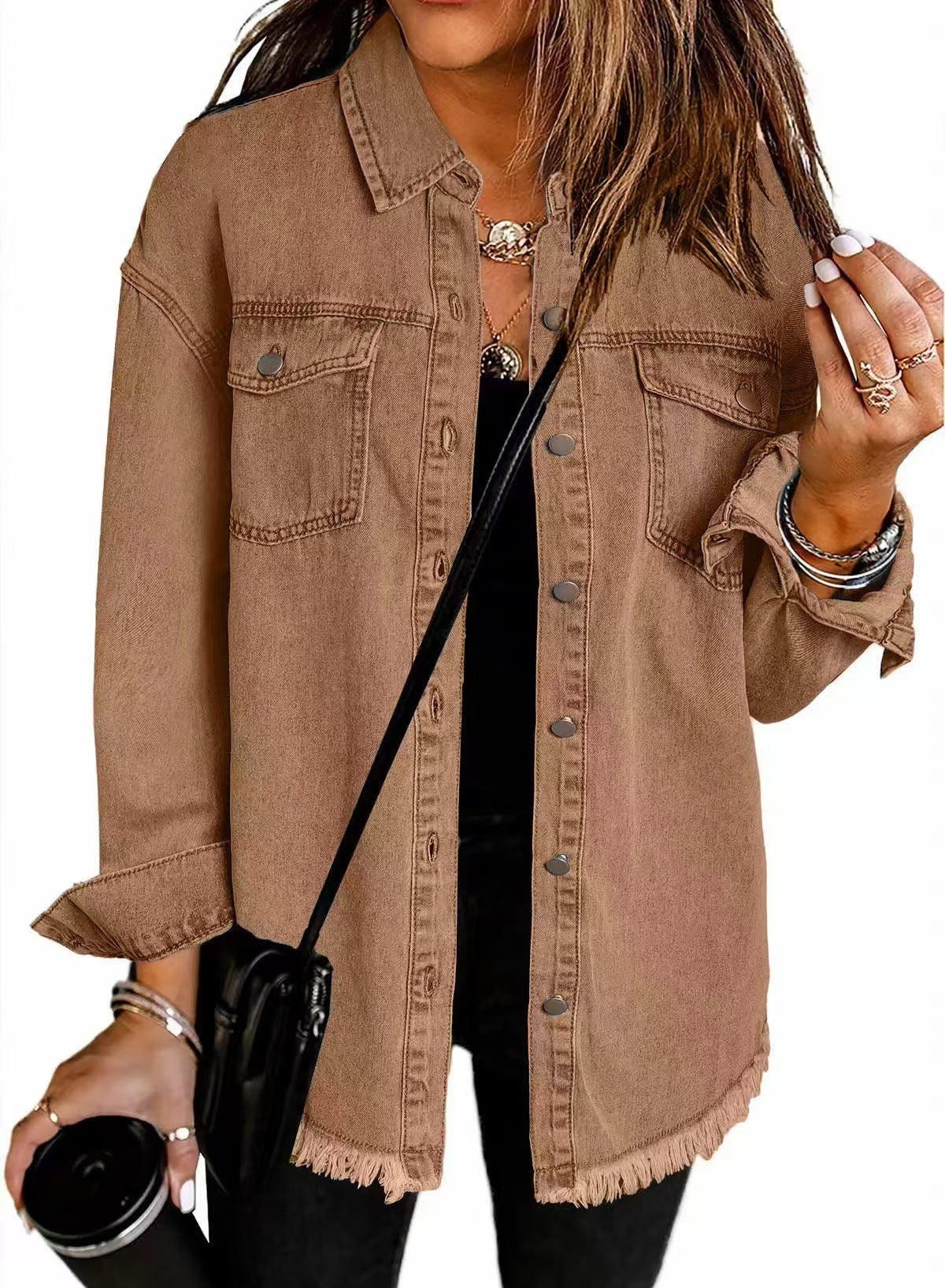 Women's Oversized Denim Shirt with Fringes, Size