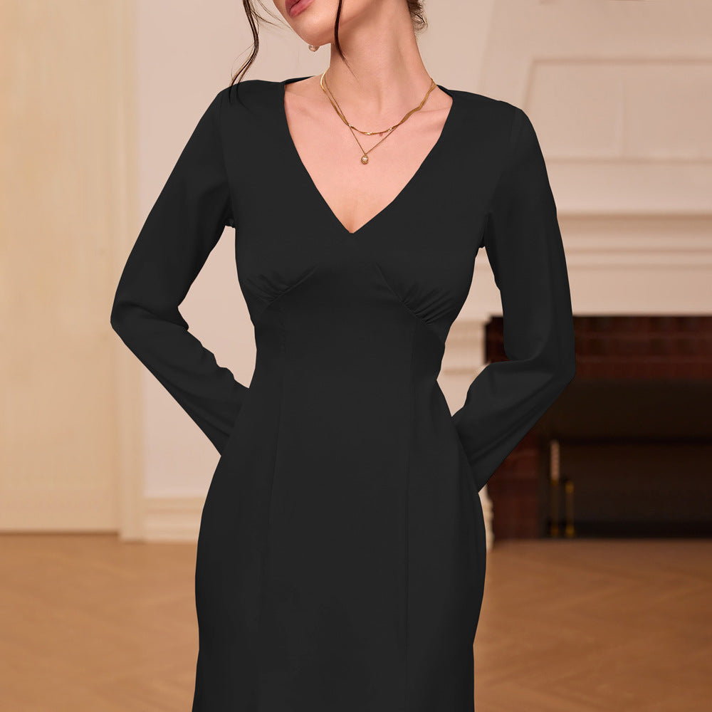 Elegantes Damen-Satin-Kleid mit V-Ausschnitt und langen Ärmeln, Größe