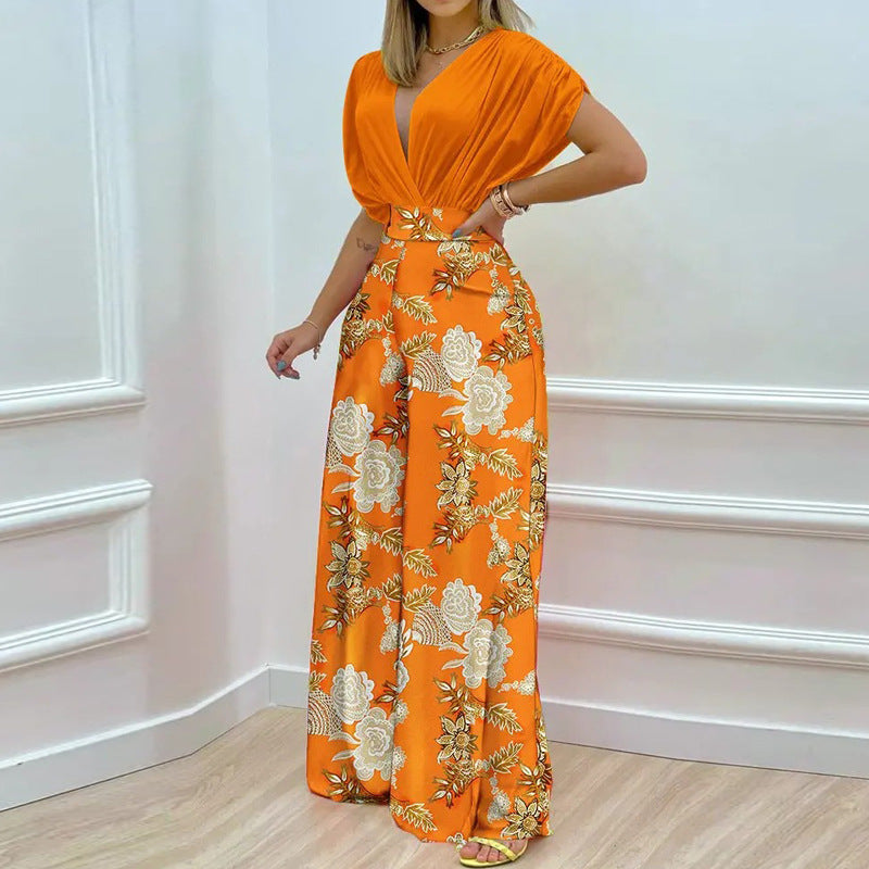 Women's jumpsuit with deep V-neck and wide leg, size