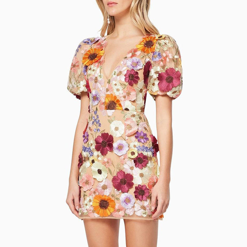 Valenzora | 3D-Blumen-Body Laternenärmel Besticktes Kleid