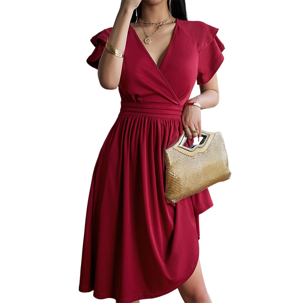 Valenzora | V-neck Solid Color Short Sleeve Dress for Women