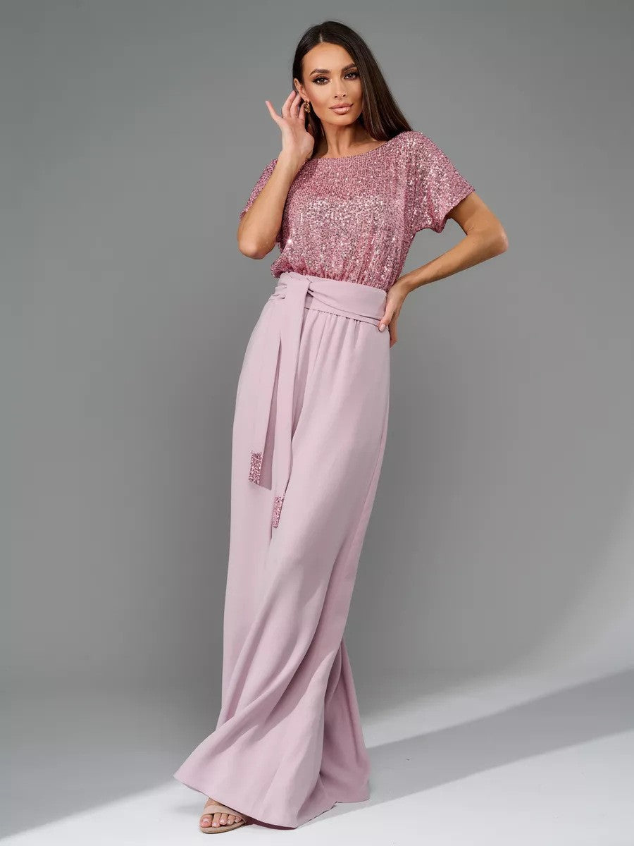 Damen-Glamour-Jumpsuit mit Glitzeroberteil und weit geschnittener Hose, Größe