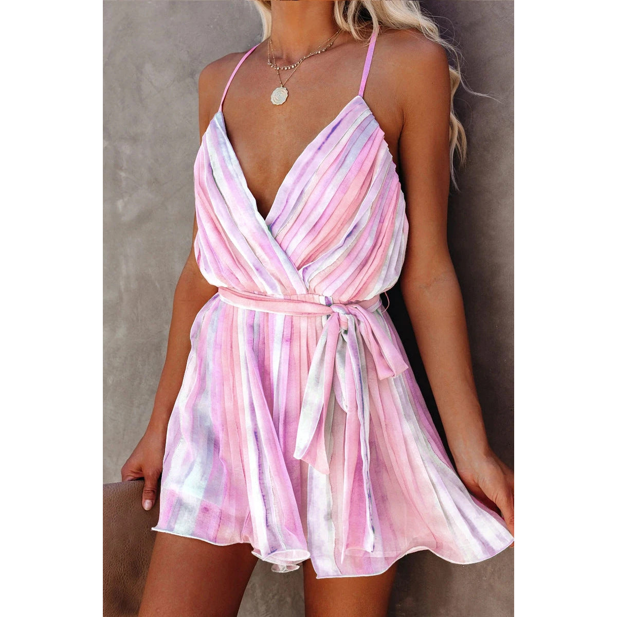 Valenzora | Spring Summer Strappy Pleated Chiffon Dress Home Lace-up Sexy V-Neck Chiffon Dress