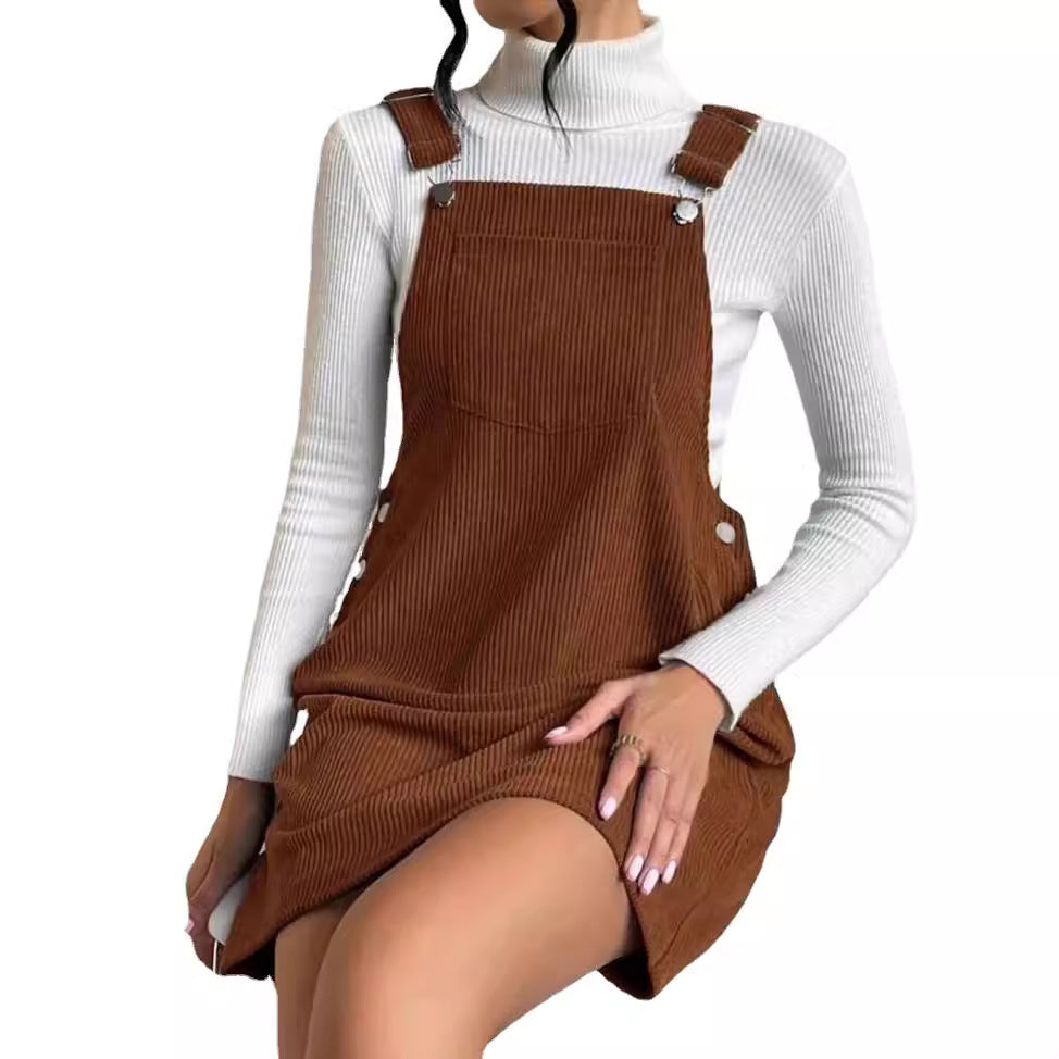 Women's corduroy pinafore dress with button details, size