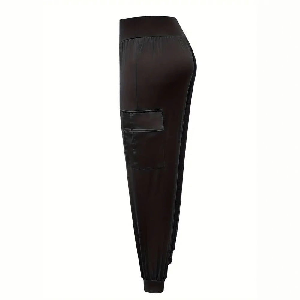 Satin-Cargohose für Damen mit elastischem Bund und praktischen Taschen, Größe