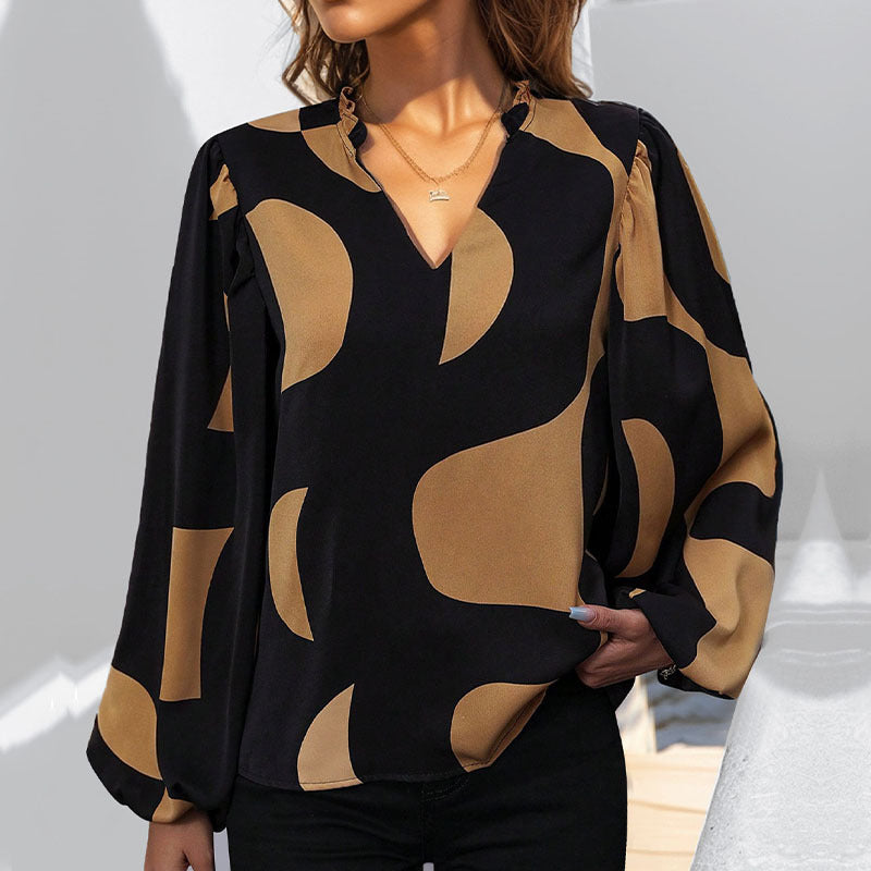 Women's blouse with fashionable V-neck and unique pattern, size