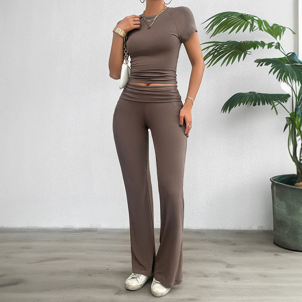Women's casual loungewear set with cropped top and wide-leg trousers, size