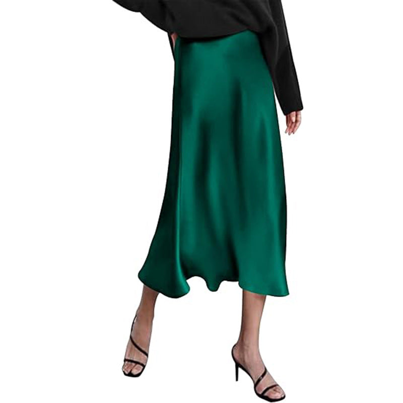 Women's elegant midi skirt in satin viscose with a flowing drape, size Valenzora
