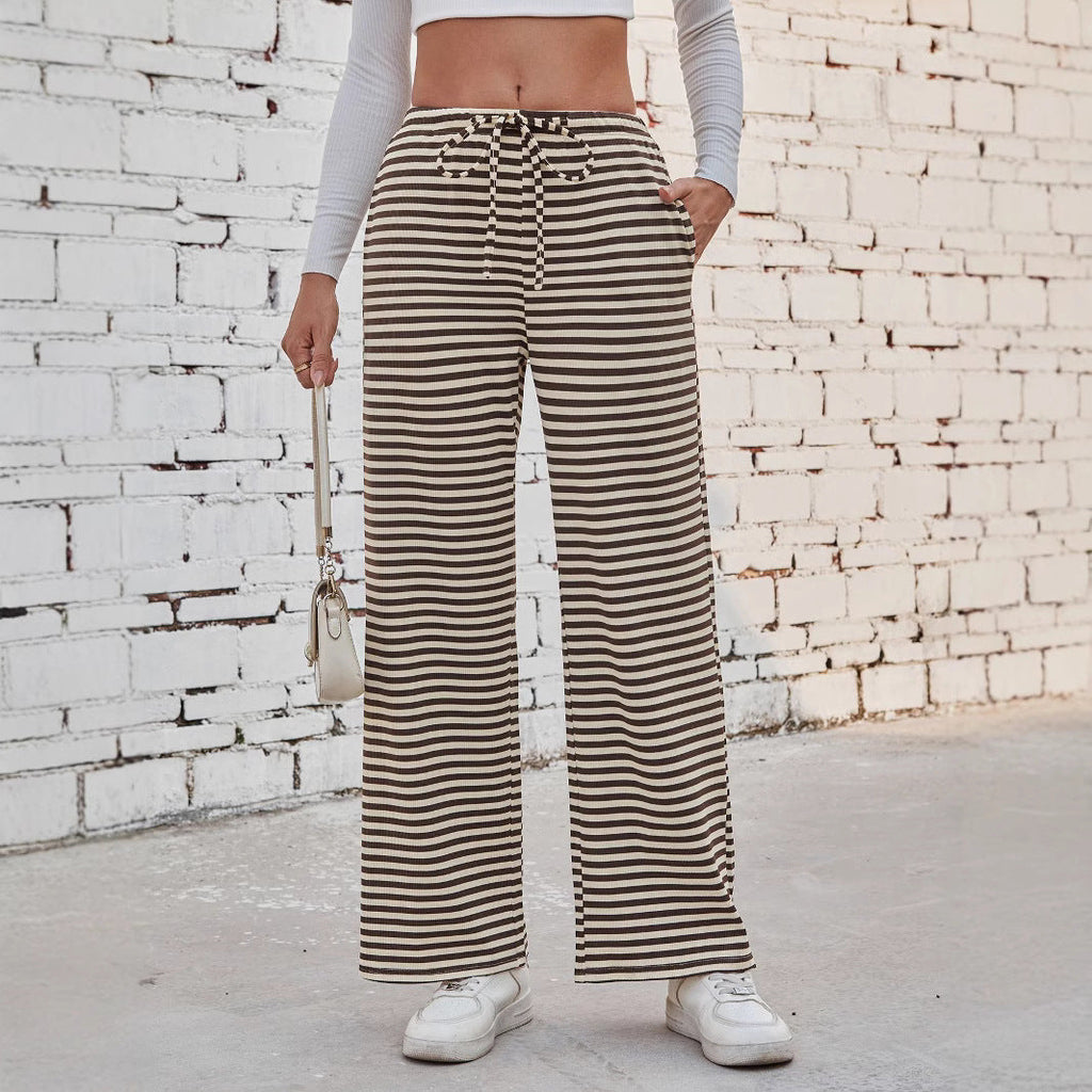 Women's wide-legged striped trousers with elasticated waistband and drawstring, size